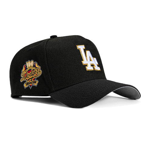 New Era 9Forty A-Frame Los Angeles Dodgers 100th Anniversary Patch Snapback Hat - Black, White, Metallic Gold