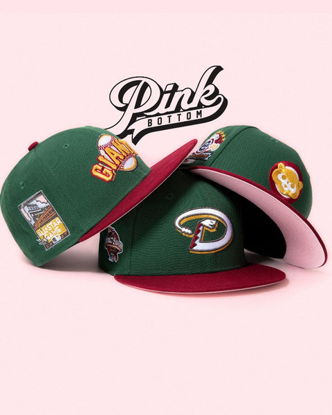 NEW ERA 5950 PINK BOTTOM MONTH COLLECTION HERO IMAGE- NEW ERA FITTED HATS WITH PINK UNDERVISORS-SAN FRANCISCO GIANTS,CHICAGO CUBS,ARIZONA DIAMONDBACKS