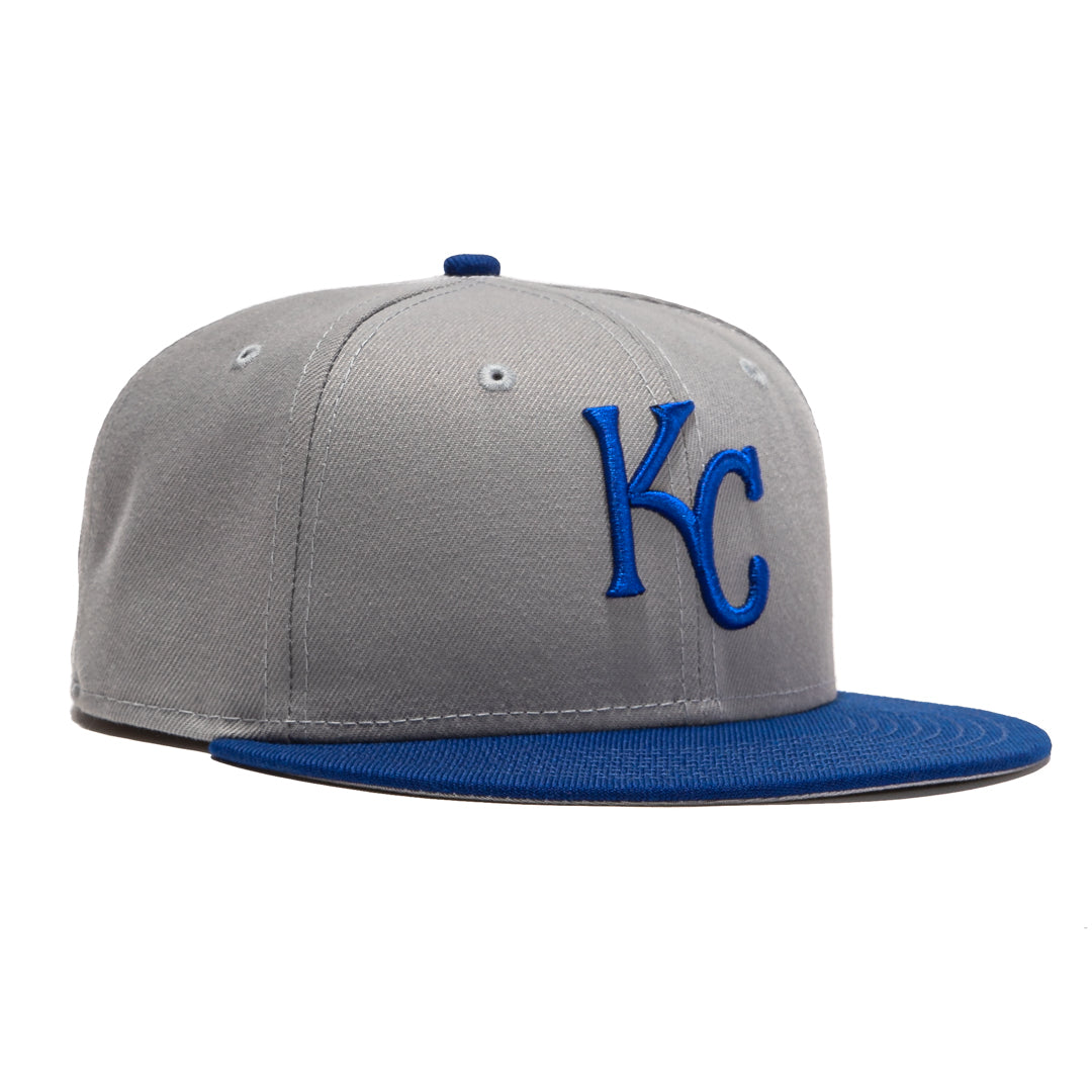 Navy Blue Trucker Kansas City Royals Gray Bottom 50th Anniversary Side Patch New Era 59FIFTY Fitted 67/8