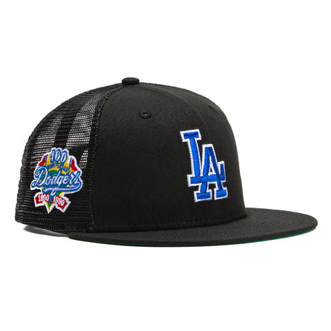 New Era 59Fifty Black Dome Los Angeles Dodgers 100th Anniversary Patch Trucker Hat - Black