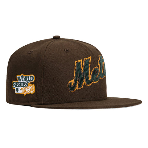 New Era 59Fifty Cord Script New York Mets 1986 World Series Patch Word Hat - Brown