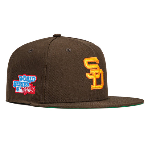 San Diego Padres New Era MLB 59FIFTY 5950 Fitted Cap Hat Brown Crown/Visor Yellow/Orange Cooperstown Logo 1984 World Series Side Patch Green UV 7 1/2