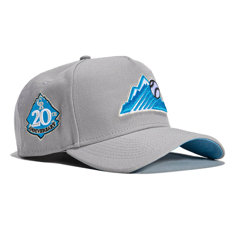 New Era 9Forty A-Frame Colorado Rockies 20th Anniversary Patch Light Blue UV Snapback Mountain Hat - Grey