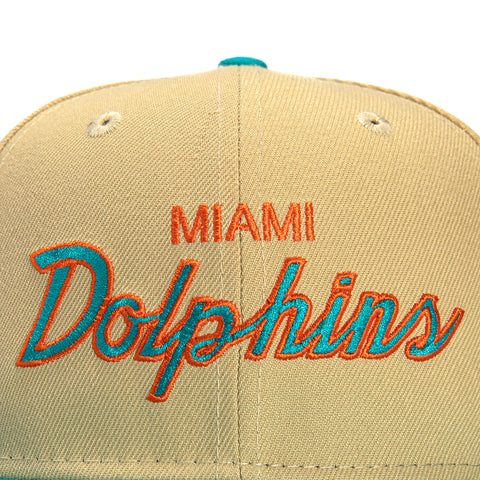 New Era 59Fifty Vegas Dome Miami Dolphins Retro Script Hat- Tan, Teal