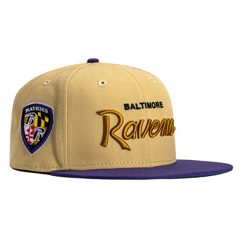 New Era 59Fifty Vegas Dome Baltimore Ravens Retro Script Hat- Tan, Purple