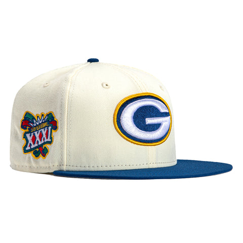 New Era 59Fifty Cereal Milk Green Bay Packers 1997 Super Bowl Patch Hat - White, Royal