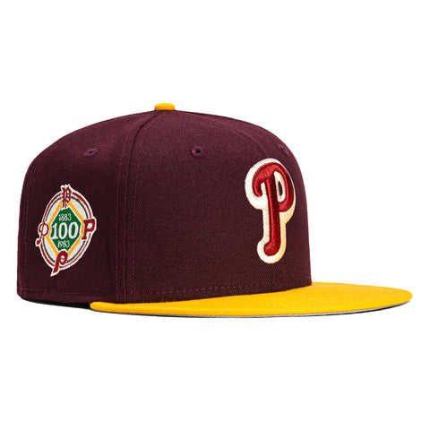 New Era 59Fifty Peaches and Cream Philadelphia Phillies 100th Anniversary Patch Hat - Maroon, Gold