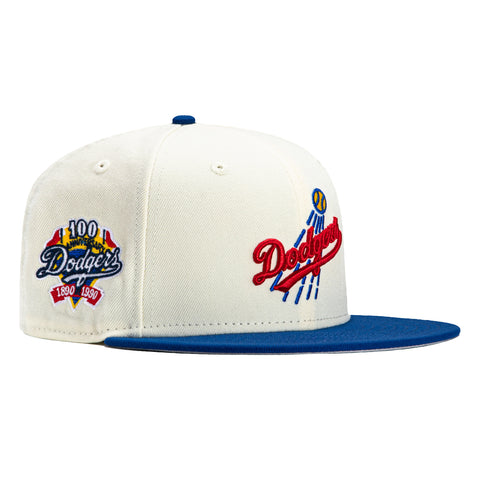 New Era 59Fifty Plate Los Angeles Dodgers 100th Anniversary Patch Word Hat - White, Royal, Red