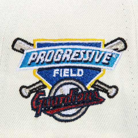 New Era 59Fifty Cleveland Guardians Progressive Field Patch Script Hat - White, Neon Blue, Red