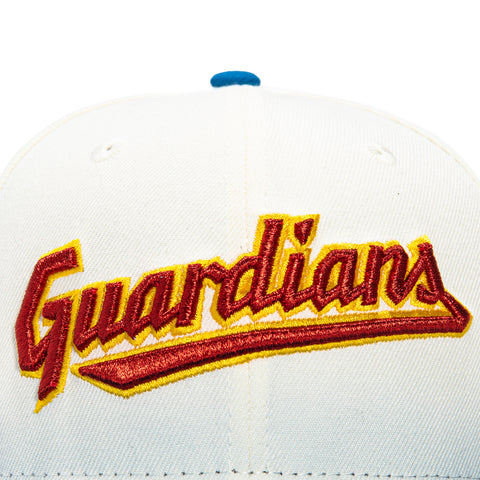 New Era 59Fifty Cleveland Guardians Progressive Field Patch Script Hat - White, Neon Blue, Red