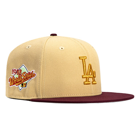 New Era 59Fifty Los Angeles Dodgers 1988 World Series Patch Hat - Tan, Maroon, Metallic Gold