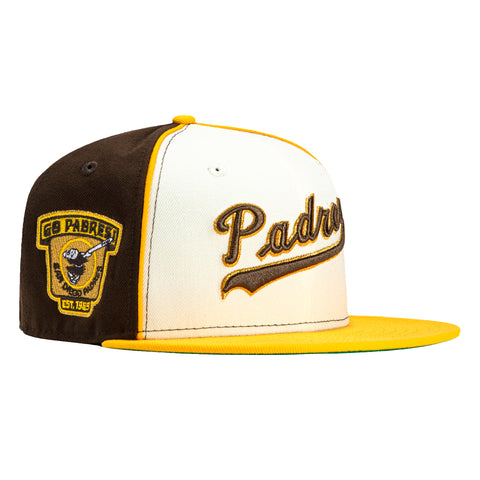 New Era 59Fifty San Diego Padres 1969 Go Padres Patch Word Rail Hat - White, Brown, Gold