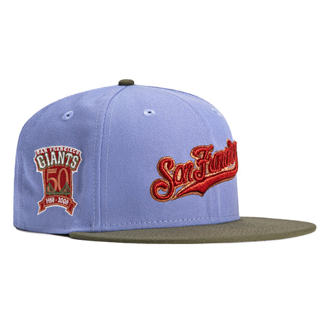 New Era 59Fifty San Francisco Giants 50th Anniversary Patch Script Hat - Lavender, Olive, Red, Metallic Copper