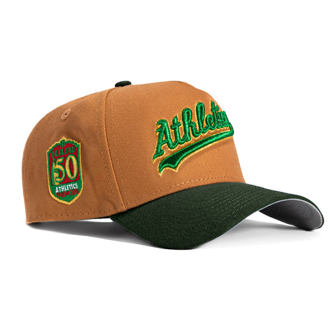 New Era 9Forty A-Frame Oakland Athletics 50th Anniversary Patch Snapback Script Hat - Khaki, Green