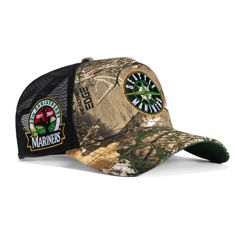New Era 9Forty A-Frame Seattle Mariners 30th Anniversary Patch Snapback Rail Logo Hat - RealTree, Black