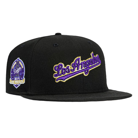 New Era 59Fifty Los Angeles Dodgers 60th Anniversary Script Patch Hat - Black, Purple, Metallic Gold New Era