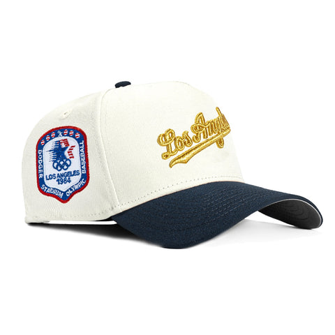 New Era 9Forty A-Frame Los Angeles Dodgers 1984 Olympic Stadium Patch Script Snapback Hat - White, Navy, Metallic Gold New Era