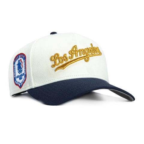 New Era 9Forty A-Frame Los Angeles Dodgers 1984 Olympic Stadium Patch Script Snapback Hat - White, Navy, Metallic Gold New Era