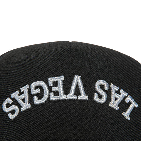 New Era 9Forty A-Frame Las Vegas Raiders Helmet Logo Patch Upside Down Arch Snapback Trucker Hat - Black New Era