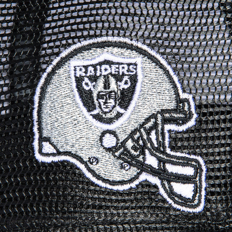 New Era 9Forty A-Frame Las Vegas Raiders Helmet Logo Patch Upside Down Arch Snapback Trucker Hat - Black New Era