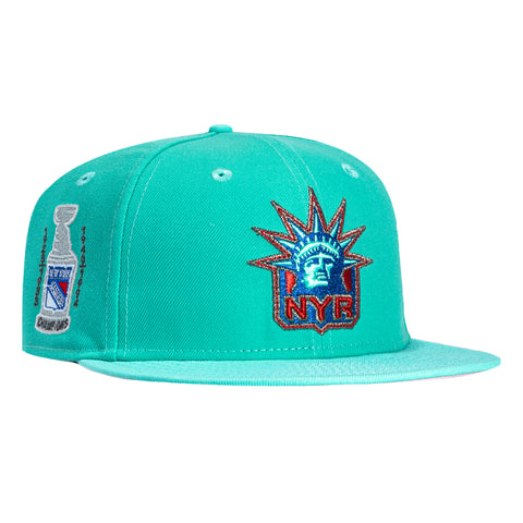 New Era 59Fifty New York Rangers 4X Champions Patch Pink UV Hat - Teal, Mint New Era