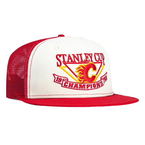 チャン様　カスタムL新品白赤ファイヤーフレイム長袖×ジーザスレッド New Era 59Fifty Calgary Flames 1989 Champions Logo Trucker Hat
