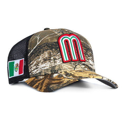 New Era 9Forty A-Frame Mexico World Baseball Classic Mexico Flag Patch Trucker Snapback Hat - Realtree, Black New Era