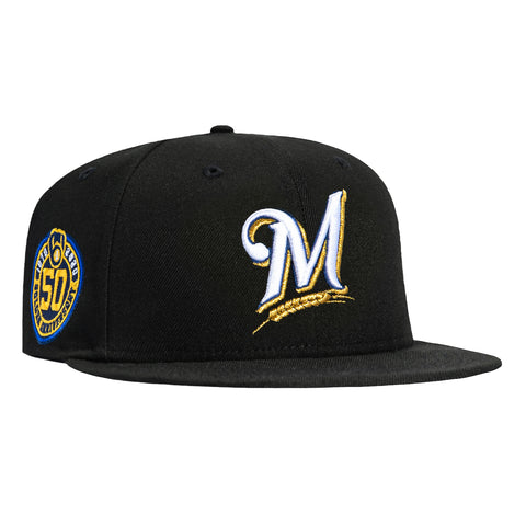 New Era 59Fifty Milwaukee Brewers 50th Anniversary Patch 2000 Hat - Black, White New Era