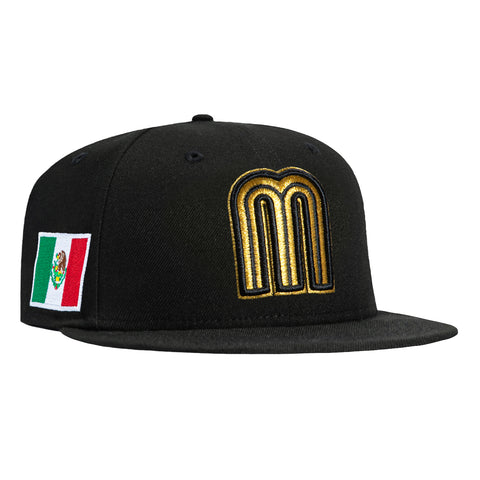New Era 59Fifty Mexico World Baseball Classic Mexico Flag Patch Hat - Black, Metallic Gold New Era