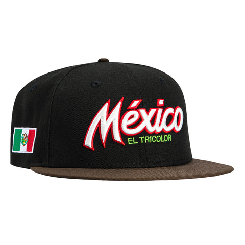 New Era 59Fifty Mexico El Tricolor Mexico Flag Patch Script Snapback Hat - Black, Brown New Era