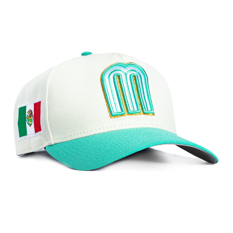 New Era 9Forty A-Frame Mexico World Baseball Classic Mexico Flag Patch Snapback Hat - White, Mint, Metallic Gold New Era