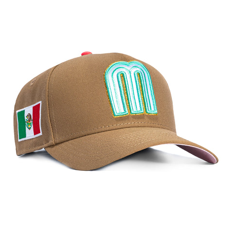 New Era 9Forty A-Frame Mexico World Baseball Classic Mexico Flag Patch Snapback Hat - Khaki, Mint, Metallic Gold New Era