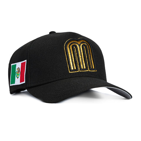 New Era 9Forty A-Frame Mexico World Baseball Classic Mexico Flag Patch Snapback Hat - Black, Metallic Gold New Era
