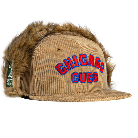 New Era 59Fifty Dog Ear Chicago Cubs Be Alert For Foul Balls Patch Corduroy Faux Fur Hat - Khaki New Era