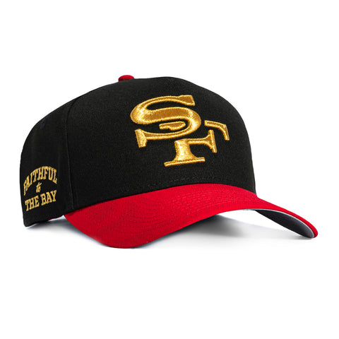 New Era 9Forty A-Frame Rivals San Francisco 49ers Faithful to The Bay Patch SF Snapback Hat - Black, Red, Metallic Gold New Era