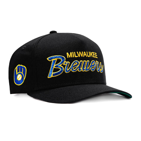 New Era 9Fifty A-Frame Milwaukee Brewers Logo Patch Script Snapback Hat - Black