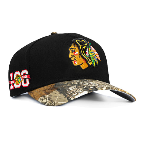 New Era 9Forty A-Frame Realtree Visor Chicago Blackhawks 100th Anniversary Patch Snapback Hat - Black, Realtree New Era