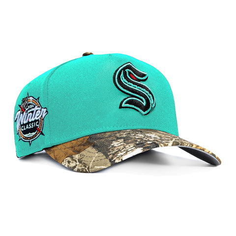 New Era 9Forty A-Frame Realtree Visor Seattle Kraken 2024 Winter Classic Patch Snapback Hat - Mint, Realtree New Era