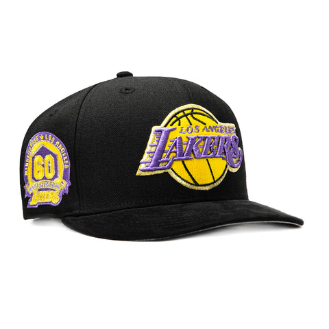 New Era 9Fifty Hardwood Classic Los Angeles Lakers 60th Anniversary Patch Snapback Pre-Curved Hat - Black, Gold New Era