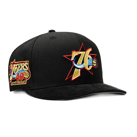 New Era 9Fifty Hardwood Classic Philadelphia 76ers 40th Anniversary Patch Snapback Pre-Curved Hat - Black, Gold New Era