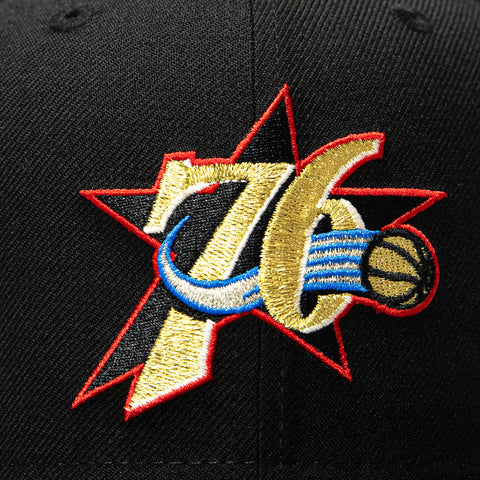 New Era 9Fifty Hardwood Classic Philadelphia 76ers 40th Anniversary Patch Snapback Pre-Curved Hat - Black, Gold New Era