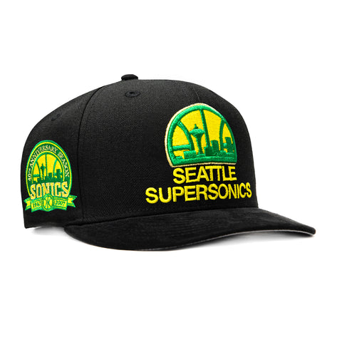 New Era 9Fifty Hardwood Classic Seattle Sonics 40th Anniversary Patch Snapback Pre-Curved Hat - Black, Gold New Era
