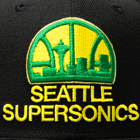 New Era 9Fifty Hardwood Classic Seattle Sonics 40th Anniversary Patch Snapback Pre-Curved Hat - Black, Gold New Era