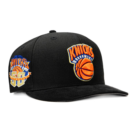 New Era 9Fifty Hardwood Classic New York Knicks 50th Anniversary Patch Snapback Pre-Curved Hat - Black, Gold New Era