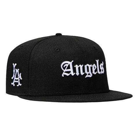 New Era 59Fifty Los Angeles Angels LA Logo Patch Old English Hat - Black, White New Era