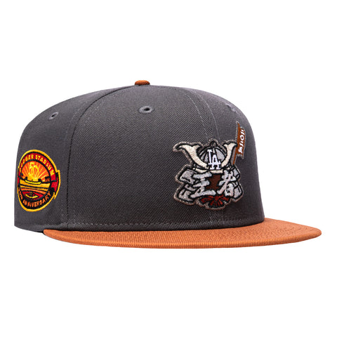 New Era 59Fifty Flawless Victory Los Angeles Dodgers 50th Anniversary Stadium Patch Helmet Hat - Graphite, Brown New Era