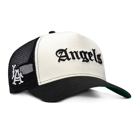 New Era 9Forty A-Frame Los Angeles Angels LA Patch Old English Snapback Trucker Hat - White, Black New Era