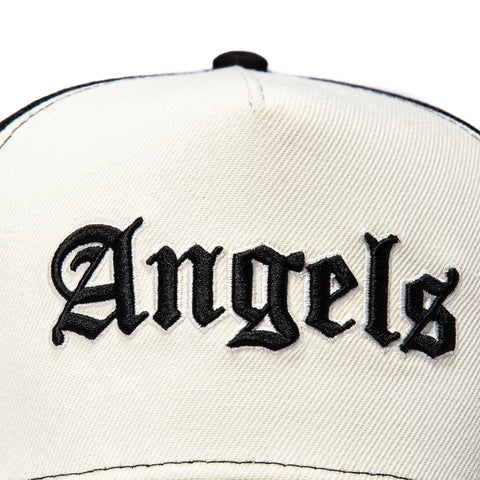 New Era 9Forty A-Frame Los Angeles Angels LA Patch Old English Snapback Trucker Hat - White, Black New Era