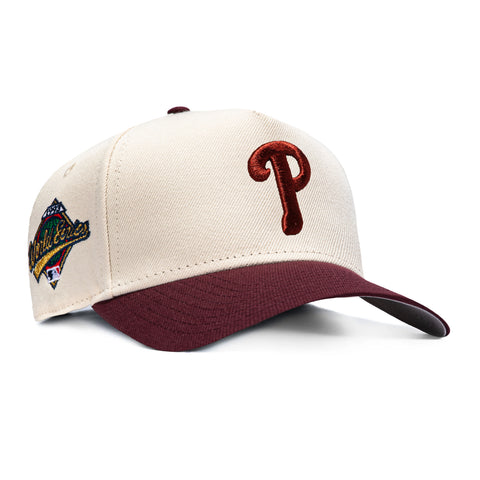 New Era 9Forty A-Frame Philadelphia Phillies 1993 World Series Patch Snapback Hat - Cream, Maroon