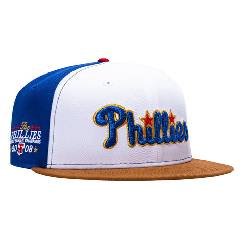 New Era 59Fifty Highball Philadelphia Phillies 2008 World Series Champions Patch Hat - White, Royal, Tan